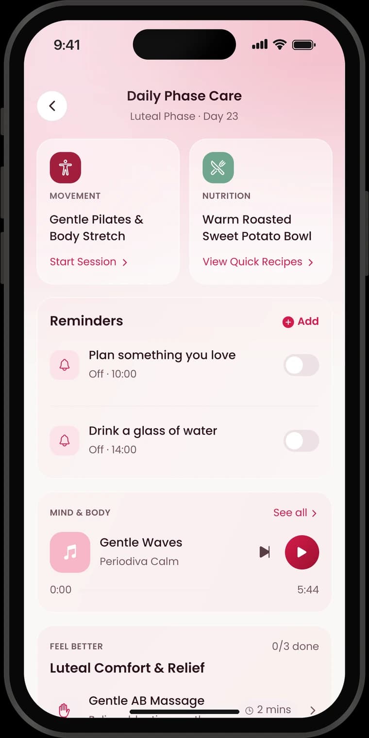 Periodiva Daily Phase Care: luteal-phase movement, nutrition, reminders and a calm track