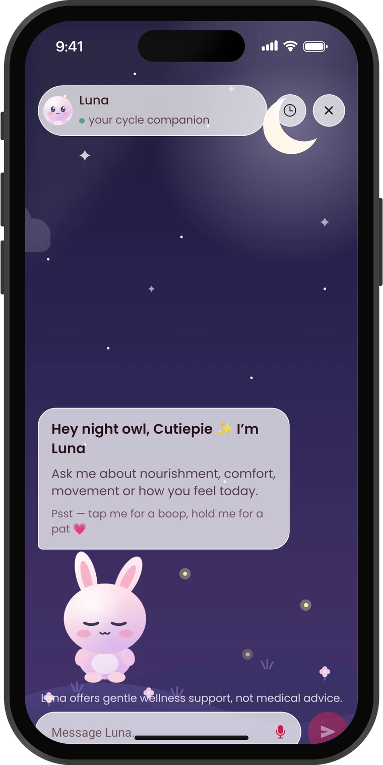 Luna, the Periodiva companion, greeting you in her night-sky chat